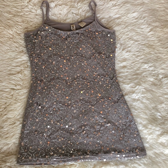 BKE Tops - BKE Taupe Lace and Sequin Tank Top